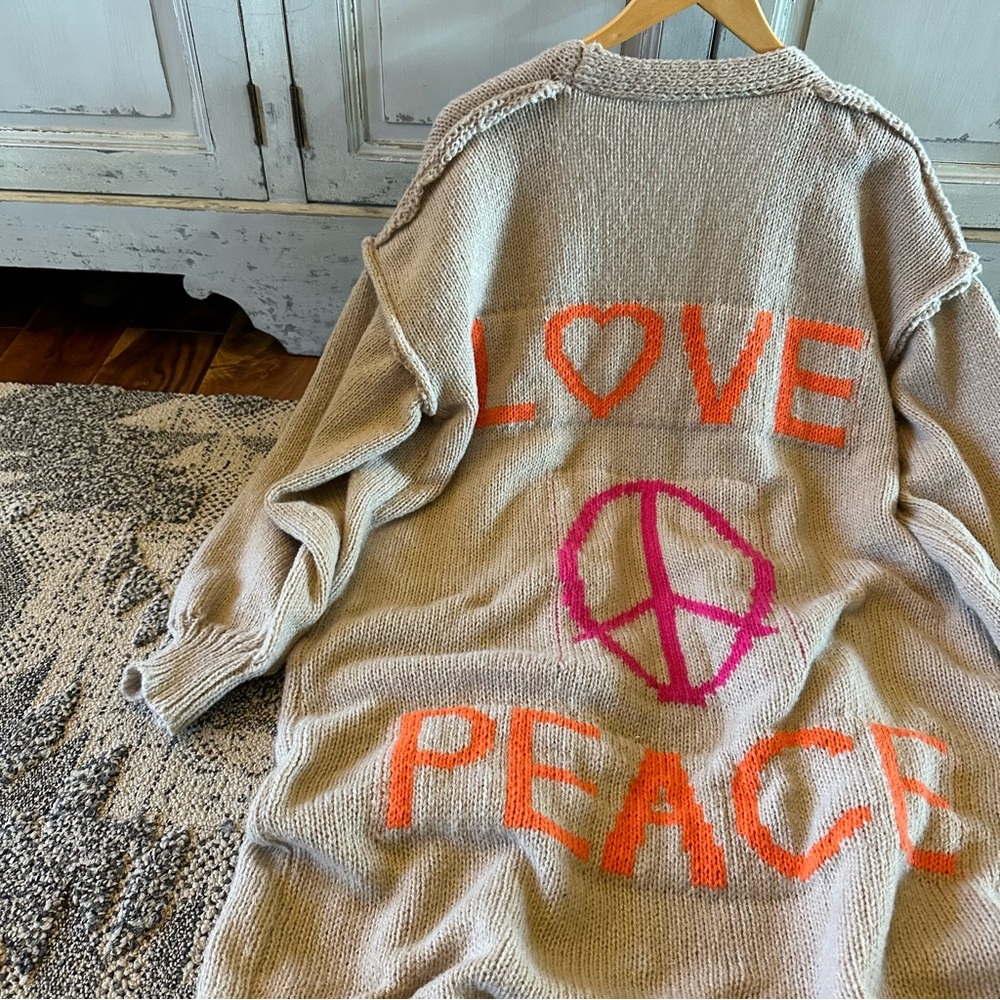 New Oversized Long Peace & Love Sweater Jacket Duster Chunky Knit 90s - Picture 6 of 10